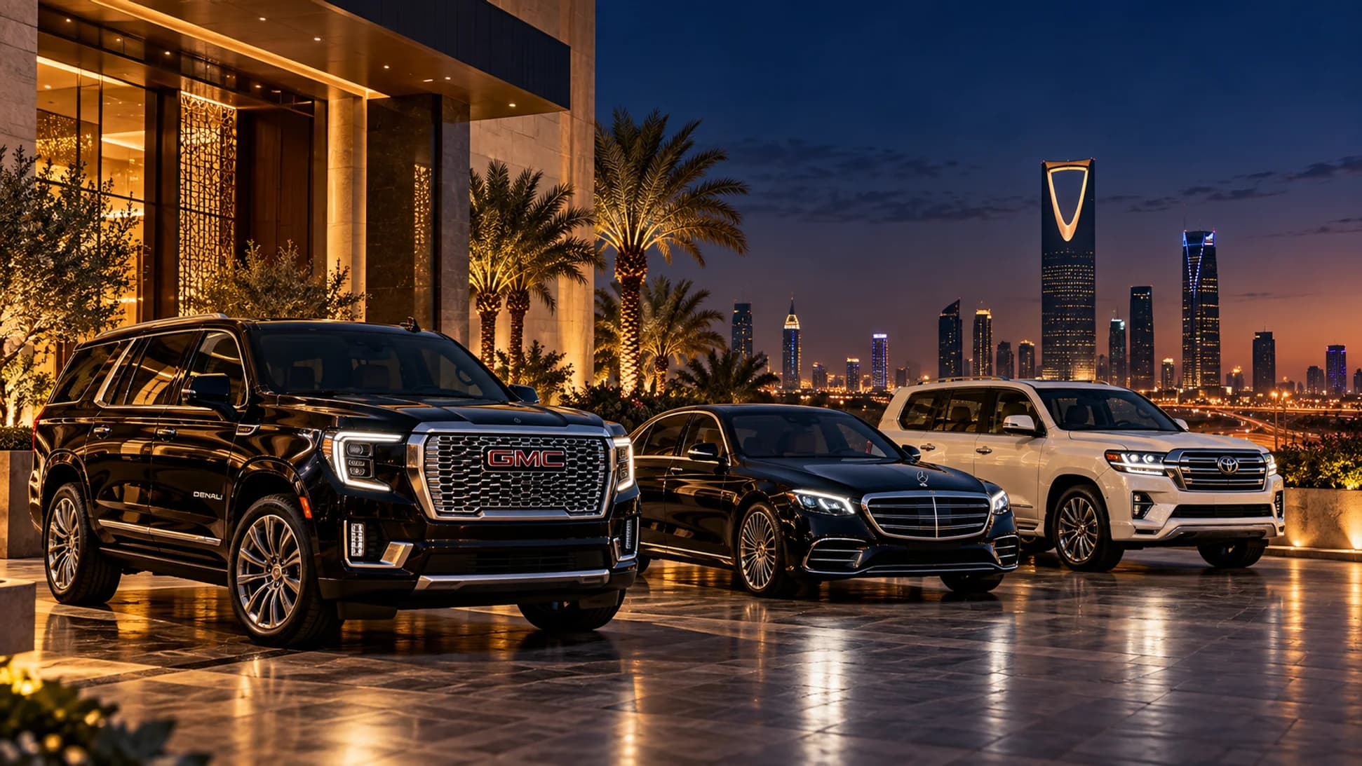 Luxury GMC Yukon, Mercedes-Benz and Land Cruiser fleet in Riyadh at dusk